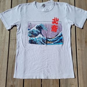 White Graphic T-Shirt with Japanese Wave Print